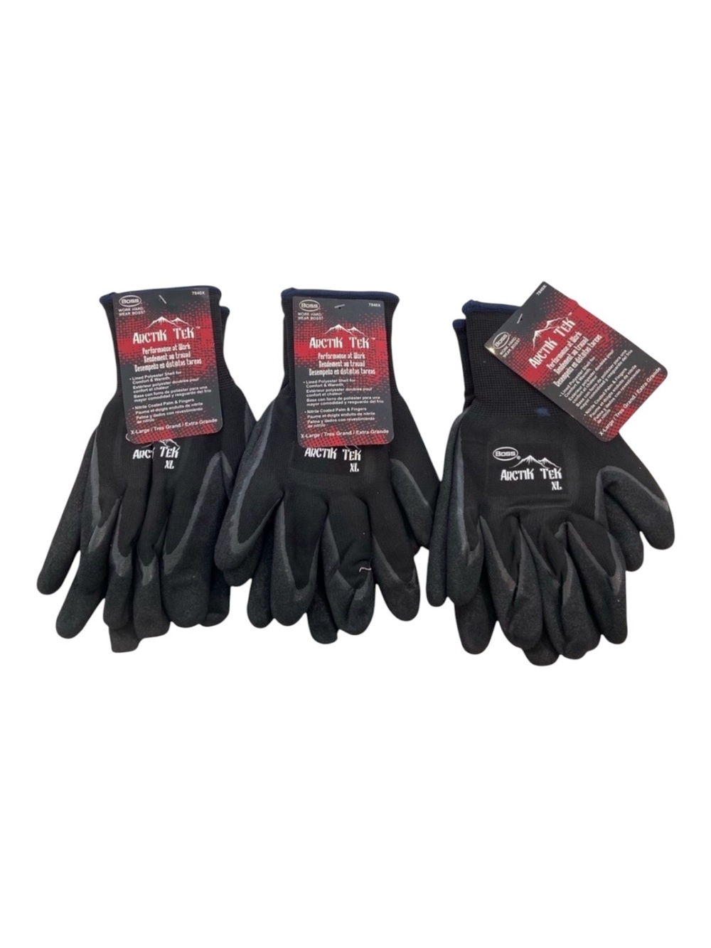 Boss Arctik Tek Black Work Gloves Bundle Of 3 Large Lined Polyester & Nitrile-Co